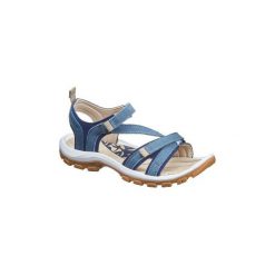Sandały turystyczne NH120 skórzane damskie. Niebieskie sandały damskie QUECHUA, bez wzorów, z gumy, bez obcasa. Za 129.99 zł.