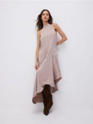 Sukienka z lyocellem - beżowy. Brązowe sukienki damskie Reserved, l, bez wzorów, z lyocellu, z asymetrycznym kołnierzem, bez ramiączek, asymetryczne. Za 199.99 zł.