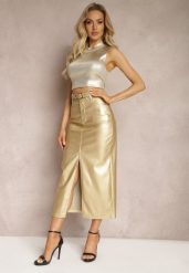 Złota Ołówkowa Spódnica Maxi z Ekoskóry i Paskiem Evell. Żółte spódniczki damskie Renee, m, z aplikacjami, eleganckie, z podwyższonym stanem, maxi, ołówkowe. Za 159.99 zł.