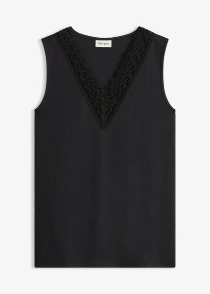 Top z koronką. Czarne topy damskie bonprix, bez wzorów, z koronki, bez kołnierzyka. Za 54.99 zł.