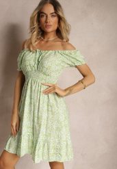 Jasnozielona Hiszpanka Sukienka Wiskozowa z Materiałowym Paskiem i Gumką w Pasie z Falbanką Tiamarosa. Zielone sukienki damskie Renee, l, bez wzorów, z materiału, bez kołnierzyka, bez ramiączek, mini. W wyprzedaży za 45.49 zł.