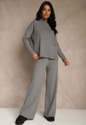 Szary Komplet Dzianinowy Spodnie o Szerokim Kroju i Sweter Półgolf Datusa. Szare spodnie materiałowe damskie Renee, bez wzorów, z dzianiny, eleganckie. Za 139.99 zł.