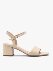 Eleganckie kremowe sandały na obcasie. Brązowe sandały damskie Ryłko, bez wzorów, ze skóry, bez obcasa, na obcasie. Za 349.99 zł.