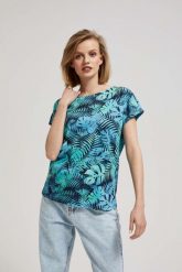 T-shirt z tropikalnym wzorem. T-shirty damskie MOODO, bez wzorów, z bawełny, bez kołnierzyka. W wyprzedaży za 23.99 zł.