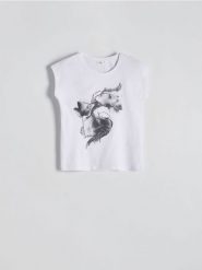 T-shirt z nadrukiem - biały. Białe t-shirty damskie Reserved, l, bez wzorów, z bawełny, bez kołnierzyka. W wyprzedaży za 19.99 zł.