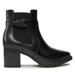 Botki Tamaris. Czarne botki damskie Tamaris, bez obcasa, na słupku, bez zapięcia. Za 359.99 zł.