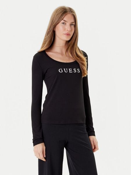 Guess Bluzka O5RI00 KBBU1 Czarny Regular Fit. Czarne bluzki damskie Guess, xs, z aplikacjami, z bawełny, bez kołnierzyka, bez ramiączek. Za 119.99 zł.
