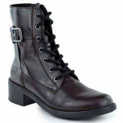 Botki damskie oficerki z klamrą bordowe Rieker 75431-35. Czerwone botki damskie Rieker, ze skóry ekologicznej, bez obcasa, bez zapięcia. Za 399.00 zł.