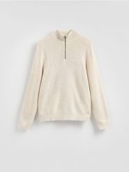 Sweter z rozpinanym golfem - beżowy. Brązowe swetry męskie Reserved, l, bez wzorów, z bawełny, bez kołnierzyka. Za 139.99 zł.