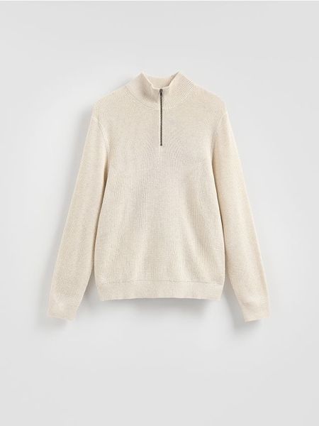 Sweter z rozpinanym golfem - beżowy. Brązowe swetry męskie Reserved, l, bez wzorów, z bawełny, bez kołnierzyka. Za 139.99 zł.