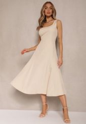 Beżowa Rozkloszowana Sukienka w Klasycznym Stylu Deslene. Brązowe sukienki damskie Renee, na co dzień, l, bez wzorów, eleganckie, bez kołnierzyka, bez ramiączek, midi, proste. W wyprzedaży za 76.99 zł.