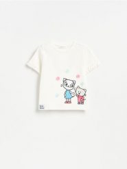 T-shirt z nadrukiem Kicia Kocia - złamana biel. Koszulki dziewczęce Reserved, m, bez wzorów, z bawełny, bez ramiączek. Za 39.99 zł.