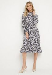 Niebieska Sukienka o Rozkloszowanym Kroju z Falbankami i Gumką w Pasie Ridiluria. Niebieskie sukienki damskie Born2be, na co dzień, m, bez wzorów, eleganckie, bez kołnierzyka, bez ramiączek, midi, rozkloszowane. W wyprzedaży za 87.99 zł.