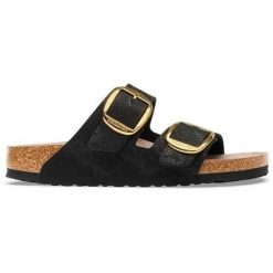 Klapki damskie Birkenstock Arizona. Czarne klapki damskie Birkenstock, bez wzorów, z materiału, bez obcasa. Za 549.00 zł.