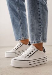 Biało-Czarne Klasyczne Trampki na Grubej Podeszwie Araenes. Białe trampki i tenisówki damskie Born2be, bez wzorów, z jeansu. Za 79.99 zł.