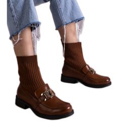 Brązowe botki z materiałową cholewką. Brązowe botki damskie z materiału, eleganckie, bez obcasa, bez zapięcia. Za 80.34 zł.