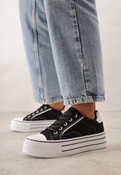 Czarne Klasyczne Trampki na Grubej Podeszwie Araenes. Czarne trampki i tenisówki damskie Born2be, bez wzorów, z jeansu. Za 79.99 zł.