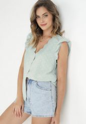 Zielona Bluzka Top z Tkaniny Plumeti z Falbankami przy Ramionach Fatalie. Zielone bluzki damskie Born2be, m, bez wzorów, z tkaniny, bez kołnierzyka. Za 49.99 zł.
