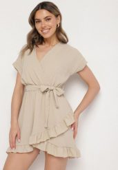 Beżowa Rozkloszowana Sukienka Ozdobiona Falbanami i Paskiem Zivene. Brązowe sukienki damskie Born2be, na imprezę, na lato, l, bez wzorów, eleganckie, bez kołnierzyka, bez ramiączek, mini, rozkloszowane. W wyprzedaży za 59.99 zł.