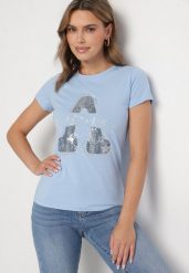 Jasnoniebieski Bawełniany T-shirt Ozdobiony Napisem i Cyrkoniami Isnorea. Niebieskie t-shirty damskie Born2be, m, bez wzorów, z bawełny, bez kołnierzyka. Za 34.99 zł.