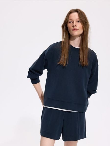 Bluza z modalem - granatowy. Niebieskie bluzy bez kaptura damskie Reserved, l, z dzianiny. Za 109.99 zł.