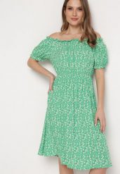 Zielona Sukienka Midi z Wiskozy Hiszpanka w Kwiatowy Print Oserafia. Zielone sukienki damskie Born2be, m, bez wzorów, z wiskozy, boho, bez kołnierzyka, bez ramiączek, midi. W wyprzedaży za 55.99 zł.