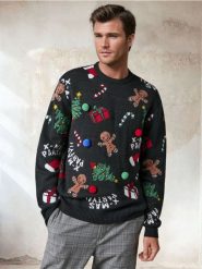 Grający sweter z motywem świątecznym - czarny. Czarne swetry męskie Sinsay, l, bez wzorów, bez kołnierzyka. Za 79.99 zł.