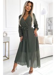 Numoco Sukienka plisowana w kolorze khaki rozmiar: onesize. Brązowe sukienki damskie Numoco, bez wzorów, z tkaniny, bez kołnierzyka, bez ramiączek, maxi, kopertowe. Za 144.58 zł.