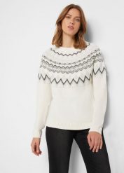 Sweter z płytkim dekoltem, w norweski wzór. Białe swetry klasyczne damskie bonprix, bez kołnierzyka. Za 79.99 zł.