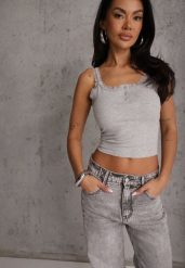 Szary Bawełniany Top z Koronką i Guzikami przy Dekolcie Berinde. Szare topy damskie Renee, m, bez wzorów, z bawełny, bez kołnierzyka. Za 49.99 zł.