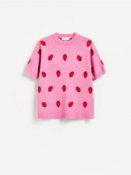 Sweter z krótkim rękawem - różowy. Czerwone swetry klasyczne damskie Reserved, l, z bawełny, bez kołnierzyka. Za 139.99 zł.