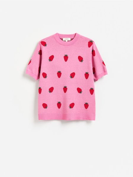 Sweter z krótkim rękawem - różowy. Czerwone swetry klasyczne damskie Reserved, l, z bawełny, bez kołnierzyka. Za 139.99 zł.