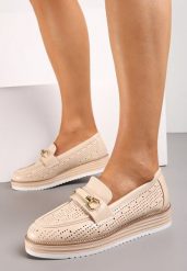 Beżowe Ażurowe Półbuty z Minimalistyczną Klamerką Narielle. Brązowe półbuty damskie Renee, w ażurowe wzory, z jeansu, bez obcasa. Za 109.99 zł.