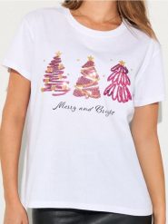 Bawełniana koszulka z motywem świątecznym - biały. Białe t-shirty damskie Sinsay, l, bez wzorów, z bawełny, bez kołnierzyka. Za 25.99 zł.