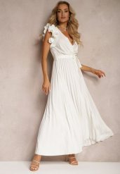 Biała Kopertowa Sukienka z Gumką w Pasie i Materiałowym Paskiem Ozdobiona Falbankami Tiamatalia. Białe sukienki damskie Renee, na imprezę, l, bez wzorów, z materiału, eleganckie, bez kołnierzyka, bez ramiączek, maxi, kopertowe. W wyprzedaży za 135.99 zł.