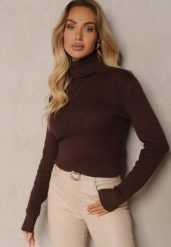 Brązowy Klasyczny Golf z Domieszką Wełny Zoziona. Brązowe golfy damskie Renee, bez wzorów, z jeansu, bez ramiączek. Za 79.99 zł.