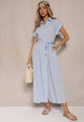 Niebieska Koszulowa Sukienka z Wiskozy z Paskiem Rinaira. Niebieskie sukienki damskie Renee, na co dzień, l, bez wzorów, z materiału, eleganckie, bez kołnierzyka, bez ramiączek, maxi, koszulowe. W wyprzedaży za 97.99 zł.
