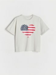 Bawełniany t-shirt z nadrukiem - jasnoszary. Szare koszulki dziewczęce Reserved, bez wzorów, z bawełny, bez ramiączek. W wyprzedaży za 27.99 zł.