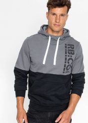 Bluza z kapturem Slim Fit. Czarne bluzy sportowe męskie bonprix, bez wzorów, sportowe, bez kołnierzyka, bez ramiączek. Za 124.99 zł.