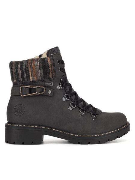 Rieker Botki Y9131-45 Szary. Szare botki damskie Rieker, z materiału, bez obcasa, na płaskiej podeszwie, bez zapięcia. Za 279.99 zł.