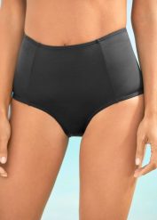 Figi bikini z wysoką talią i standardowym wycięciem na nogi. Czarne bikini damskie bonprix, bez wzorów. Za 62.99 zł.