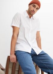 Koszula z krótkim rękawem, ze stretchem, Slim Fit. Białe koszule męskie bonprix, l, bez wzorów, bez kołnierzyka, bez ramiączek. Za 89.99 zł.