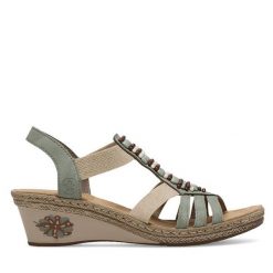 Sandały Rieker. Zielone sandały damskie Rieker, bez wzorów, bez obcasa, na koturnie. Za 299.99 zł.