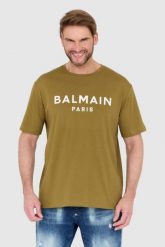 BALMAIN Zielony t-shirt męski z drukowanym białym logo. Zielone t-shirty męskie Balmain, l, bez wzorów, bez kołnierzyka. W wyprzedaży za 1,299.99 zł.