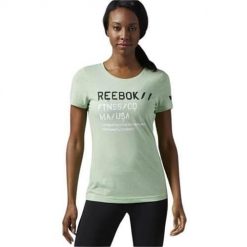 Koszulka treningowa damska Reebok AO0891. Zielone bluzki sportowe damskie Reebok, l, bez wzorów, z materiału, bez ramiączek. Za 125.00 zł.