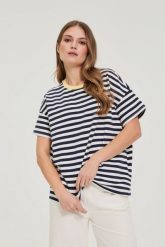 Bluza oversize w paski granatowa. Bluzy bez kaptura damskie MOODO, l, z bawełny. Za 79.99 zł.