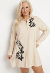 Beżowa Koszulowa Sukienka z Wiskozy Zdobiona Kwiatowym Haftem Nalilsa. Brązowe sukienki damskie Born2be, na co dzień, plus size, z aplikacjami, z wiskozy, eleganckie, bez kołnierzyka, plus size, bez ramiączek, mini, koszulowe. W wyprzedaży za 95.99 zł.