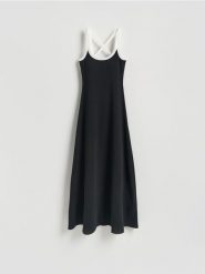 Sukienka z kontrastową lamówką - czarny. Czarne sukienki damskie Reserved, l, bez wzorów, z bawełny, bez kołnierzyka, bez ramiączek, rozkloszowane. Za 99.99 zł.