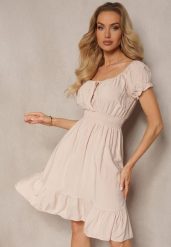 Beżowa Sukienka z Wiskozy z Gumkami w Talii i Dekoltem ze Ściągaczem Tiimazela. Brązowe sukienki damskie Renee, na co dzień, l, bez wzorów, z wiskozy, eleganckie, bez kołnierzyka, bez ramiączek, mini, kopertowe. Za 59.99 zł.