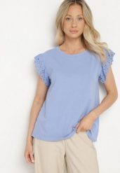 Jasnoniebieska Bluzka z Bawełny z Ażurowymi Falbankami Zamiast Rękawów Vodelia. Niebieskie bluzki damskie Born2be, l, w ażurowe wzory, z bawełny, bez kołnierzyka, bez ramiączek. Za 34.99 zł.